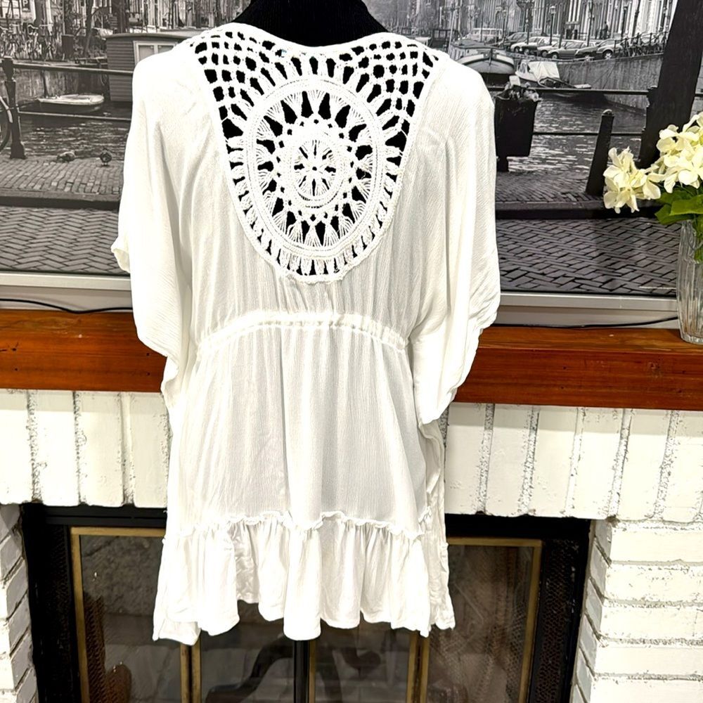 Blue Island Women Swim Cover-up Dress White Crochet Short sleeve XS Oversized